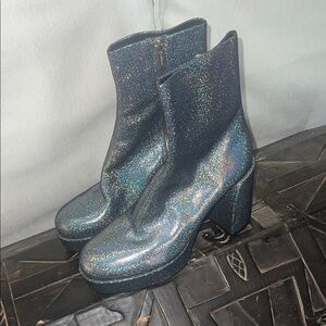 Holographic Glitter Platform Ankle Boots - Iridescent Silver